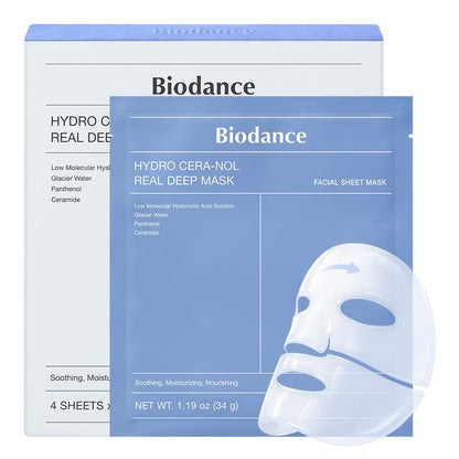 Hydro Cera-Nol Real Deep Mask, Hydrating Overnight Hydrogel Face Mask, Moisturizing, Redness Reducing, Quick Soothing, after Sun Care, Sunburn Relief, Korean Skin Care |1.19Oz(34G) X4Ea