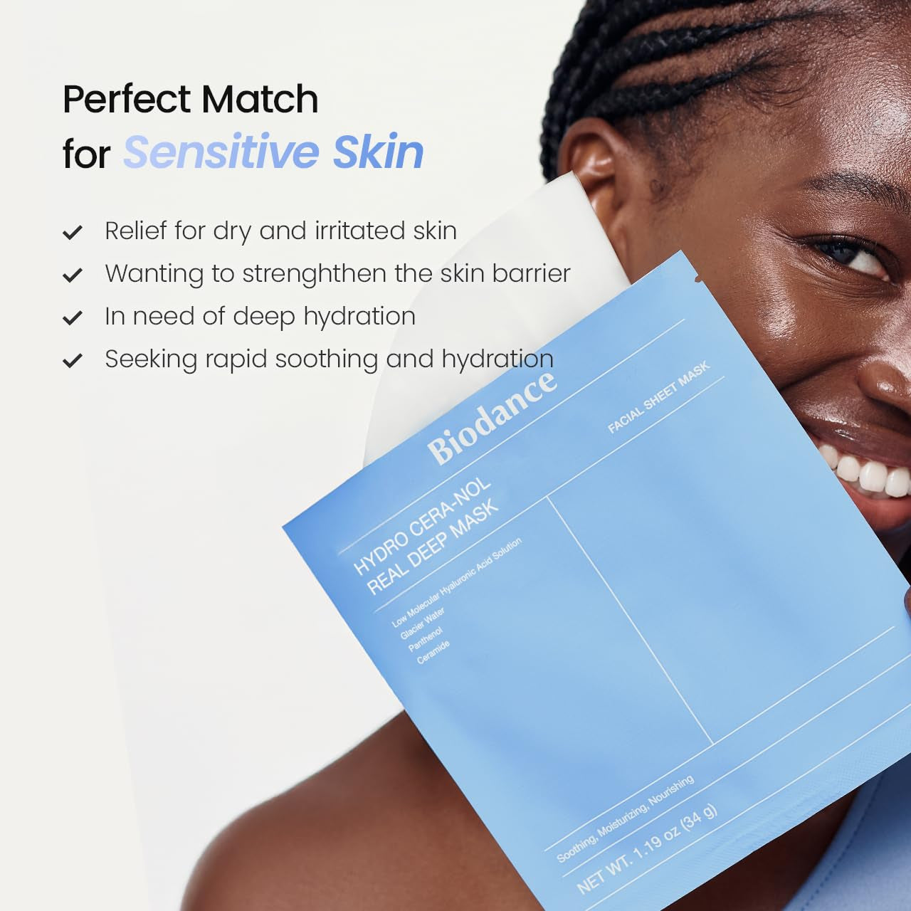 Hydro Cera-Nol Real Deep Mask, Hydrating Overnight Hydrogel Face Mask, Moisturizing, Redness Reducing, Quick Soothing, after Sun Care, Sunburn Relief, Korean Skin Care |1.19Oz(34G) X4Ea